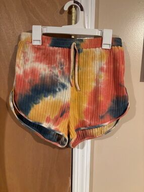 SHEIN Ribbed Tie-Dye Drawstring Athletic Shorts - Yellow, Red, Blue